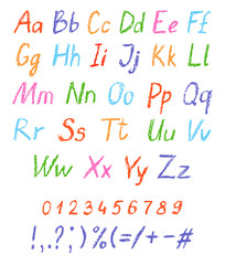Crayon child's drawing alphabet. Pastel chalk font. ABC drawing letters. Kids drawn colorful alphabet. Vector.