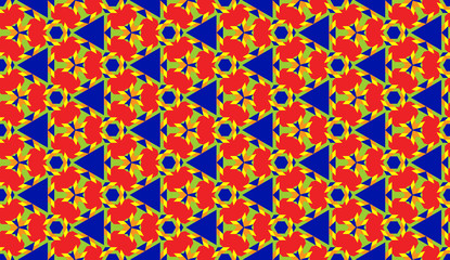 Fashionable decorative seamless geometric pattern with various shapes of red, blue, yellow, green and orange shades
