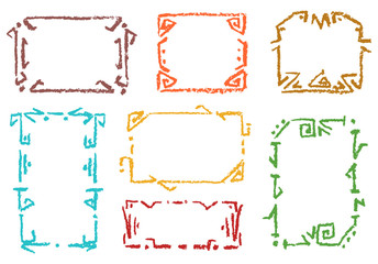 Set of pastel color ethnic frames. Crayon chalk hand drawn patterned background. Group of old-time ornament vector copy space.