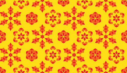 Fancy seamless pattern of red and orange geometrical elements on yellow background