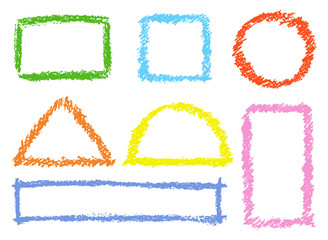 Set of comic colorful design elements. Crayon chalk hand drawn frames. Group of funny red, blue, yellow, pink vector copy space. Round, square, triangular kids drawing frames.