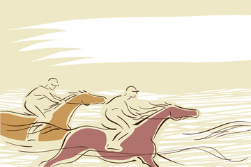 Horse race with two horse and jockeys. Vector illustration banner. Equestrian background