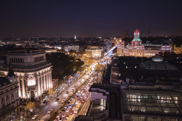Panoramic aerial view of Madrid, Spain at night.