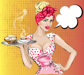 Pop Art woman with breakfast. Pin-up girl speech bubble. - 100584631