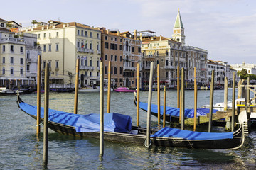 Obraz premium Beautiful traditional black gondolas docked to the poles on the Grand Canal in Venice Italy