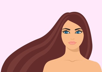 Vector illustration of a beautiful girl with brown long hair.Abstract logo for a beauty salon portrait of a girl.