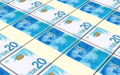 Israeli Shekel bills stacked background. Computer generated 3D photo rendering.