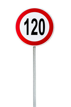 Round speed limit 120 road sign isolated on white Stock-Foto  