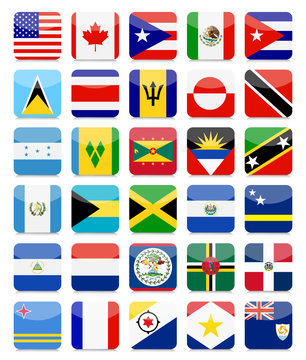 The Americas and the Caribbean Flags Flat Square Icon Set 1