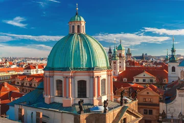 Poster Aerial view over Old Town in Prague with domes of churches, Bell tower of the Old Town Hall, Powder Tower, Czech Republic  © Kavalenkava