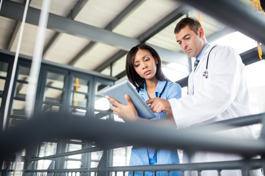 Nurse and doctor looking at a tablet