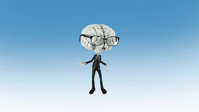 funny animated Brainman in big hipster glasses dancing 3D render