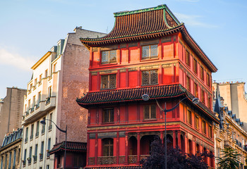 PARIS, FRANCE - AUGUST 30, 2015: Building in traditional ancient Chinese style in center of Paris.