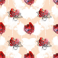 Seamless floral pattern, tulips hand drawn on red watercolor splash. Isolated on coral pink background. Fabric texture. Wallpaper.