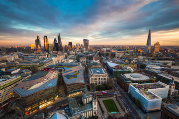 Panoramic skyline of London with Bank district including Stock Exchange Tower, Willis Building, Tower 42, Gherkin, Lloyd`s of London, the Shard and Canary Wharf at the background.