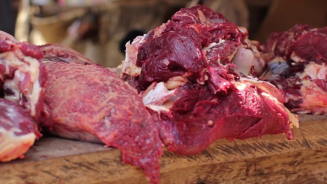 Fresh Red Beef Meat in an Outdoor African Market