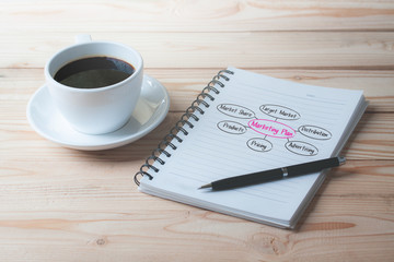 closeup of a notebook with text written in it and a cup of coffee on a wood table