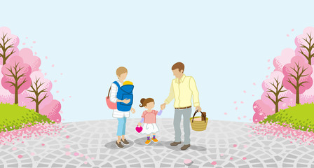 Family stroll - Row of cherry trees