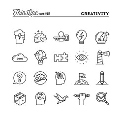 Creativity, imagination, problem solving, mind power and more, thin line icons set