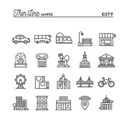 City, transportation, culture, shopping and more, thin line icons set - 100593692