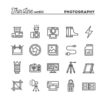 Photography, equipment, post-production, printing and more, thin line icons set