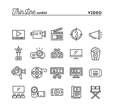 Film, video, shooting, editing and more, thin line icons set