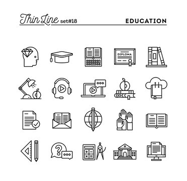 Education, online books, distance learning, webinar and more, thin line icons set