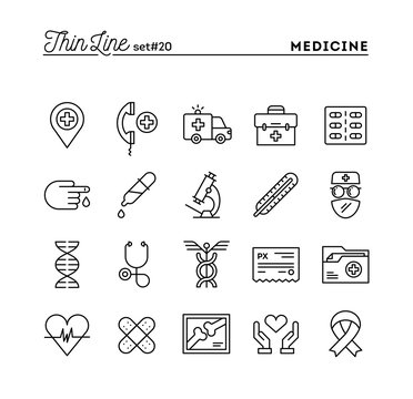 Medicine, health care, emergency, pharmacology and more, thin line icons set