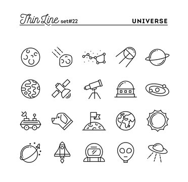 Universe, celestial bodies, rocket launching, astronomy and more, thin line icons set