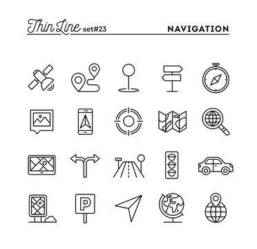 Navigation, direction, maps, traffic and more, thin line icons set
