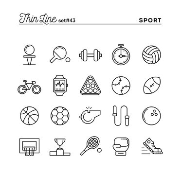 Sports, recreation, work out, equipment and more, thin line icons set