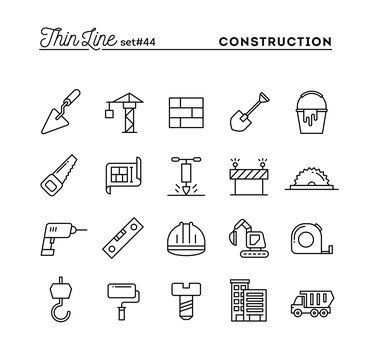 Construction, building, project, tools and more, thin line icons set