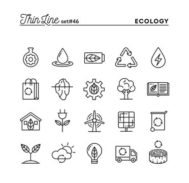 Ecology, nature, clean energy, recycling and more, thin line icons set