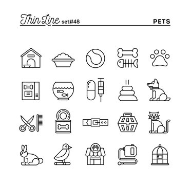 Pets, thin line icons set