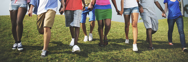 Group Casual People Walking Together Outdoors Concept - obrazy, fototapety, plakaty