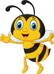 Funny bee flying isolated on white background 