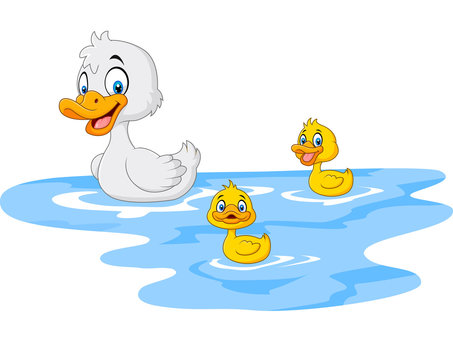 Cartoon funny mother duck with baby duck floats on water