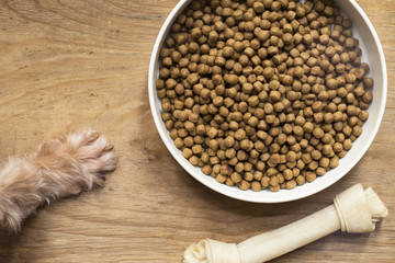 dog food and dog paw on wood table
