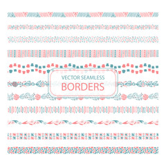 Hand drawn ethnic seamless lines and borders, hand painted line border doodle set. 11 vector scribble design endless elements