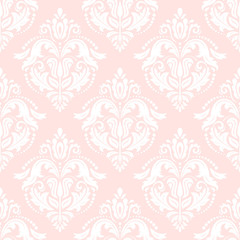 Damask seamless ornament. Traditional pattern. Classic oriental pink and white background