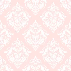 Poster Damask seamless ornament. Traditional pattern. Classic oriental pink and white background © Fine Art Studio