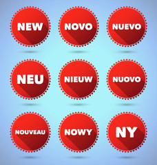 Set of promo badges with the word NEW on various languages. EPS10.