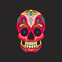 A calavera or sugar skull on a black backdrop.