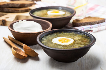 Spring greens borscht, sorrel spinach soup