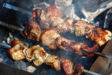Shashlik or kebab prepared on coals on a beautiful spring day outside in Park.