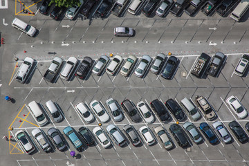 Car parking lot viewed from above, bird eye view