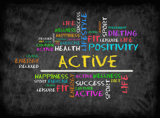 Fototapeta na wymiar Active word cloud, fitness, sport, health concept on chalkboard