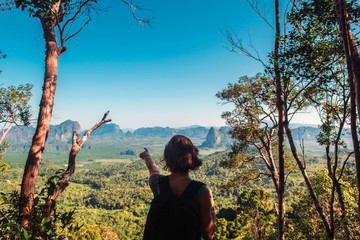 Girl on the view poinf of the mountain, Krabi, Thailand