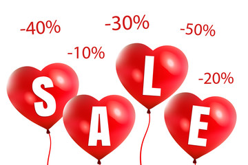 Happy Valentine's Day big sale -10%, -20%, -30%, -40%. -50% Card with red pink realistic banner balloons in form of heart isolated on white background. Vector illustration EPS 10