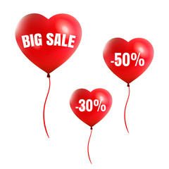 Happy Valentine's Day big sale -30% -50% card with red pink realistic banner balloons in form of heart isolated on white background. Vector illustration EPS 10